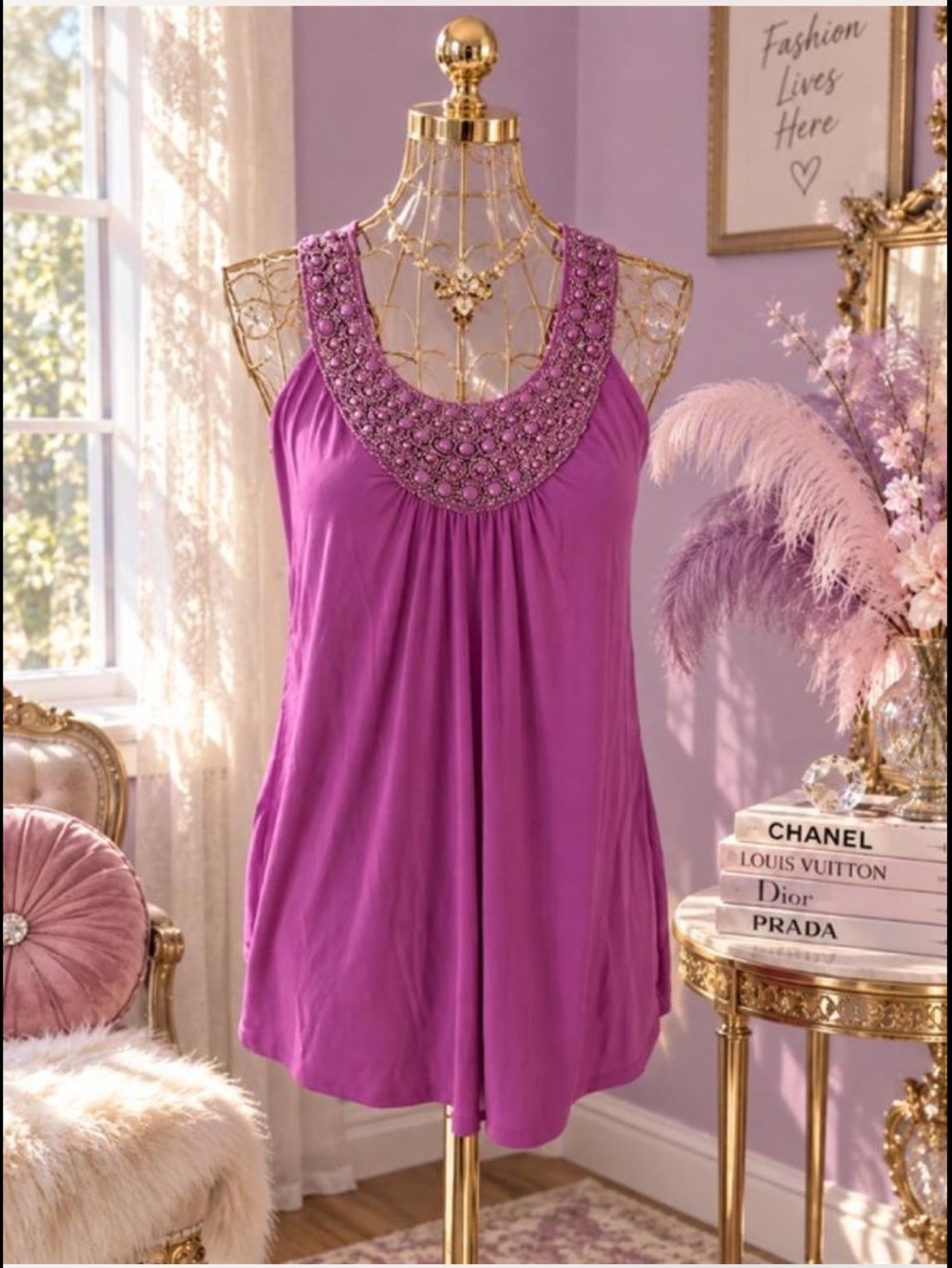 Iz Byer Jeweled Scoop Neck Magenta Tank